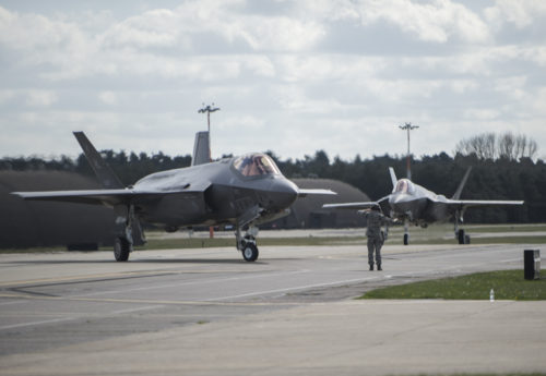 F-35 Lightning II from the 34th Fighter Squadron at Hill Air Force Base, Utah, taxis in at Royal Air Force Lakenheath, England, April 15, 2017. The F-35A is a fifth generation fighter that provides the joint warfighter unprecedented global precision attack capability against current and emerging threats, while complementing the Air Force’s air superiority fleet. (U.S. Air Force photo/Staff Sgt. Emerson Nuñez)