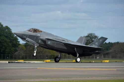 An F-35A Lightning II from the 34th Fighter Squadron at Hill Air Force Base, Utah, lands at Royal Air Force Lakenheath, England, April 15, 2017. The aircraft arrival marks the first F-35A fighter training deployment  to the U.S. European Command area of responsibility or any overseas location as a flying training deployment. (U.S. Air Force photo/Master Sgt. Eric Burks)