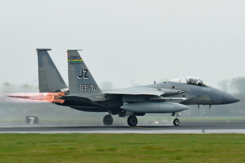 A Louisiana Air National Guard 159th Fighter Wing F-15C Eagle takes off from Leeuwarden Air Base, Netherlands during Frisian Flag, which is an exercise, similar to Red Flag, led by the Royal Netherlands Air Force. The LA ANG is deployed to Europe as a part of the Theater Security Package. (U.S. Air National Guard photo by Senior Airman Phuong Au)