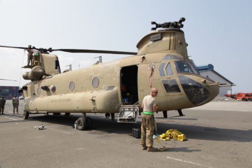 U.S. Soldiers assemble a CH-47 Chinook helicopter during port operations for Balikatan 2017 in Subic Bay, Zambales, May 2, 2017. Balikatan is an annual U.S.-Philippine bilateral military exercise focused on a variety of missions, including humanitarian assistance and disaster relief, counterterrorism and other combined military operations. (U.S. Army photo by Spc. Mitchell Knaus)