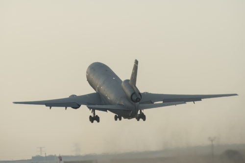 A 380th Air Expeditionary Wing KC-10 Extender launches from an undisclosed location in Southwest Asia, Feb. 10, 2017. The KC-10s have contributed to Combined Joint Task Force-Operation Inherent Resolve by offloading fuel to various Coalition aircraft working to defeat ISIS in Iraq and Syria. (U.S. Air Force photo/Senior Airman Tyler Woodward)