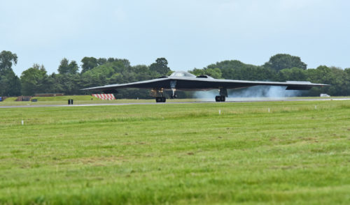 A B-2 Spirit deployed from Whiteman Air Force Base, Mo., lands on the flightline at RAF Fairford, U.K., June 9, 2017. The B-2 regularly conducts strategic bomber missions that demonstrate the credibility of the bomber forces to address a global security environment. (U.S. Air Force photo by Tech. Sgt. Miguel Lara III)