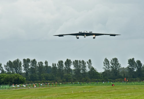 A B-2 Spirit deployed from Whiteman Air Force Base, Mo., approaches the runway at RAF Fairford, U.K., June 9, 2017. The B-2 routinely conducts bomber assurance and deterrence missions providing a flexible and vigilant long-range global strike capability, and is just one demonstration of the U.S. commitment to supporting global security. (U.S. Air Force photo by Tech. Sgt. Miguel Lara III)