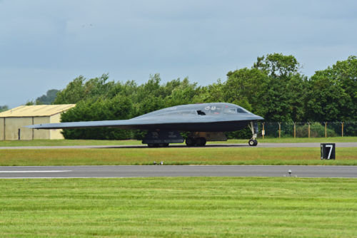 A B-2 Spirt deployed from Whiteman Air Force Base, Mo., approaches the runway at RAF Fairford, U.K., June 9, 2017. The B-2 routinely conducts bomber assurance and deterrence missions providing a flexible and vigilant long-range global strike capability, and is just one demonstration of the U.S. commitment to supporting global security. (U.S. Air Force photo by Tech. Sgt. Miguel Lara III)