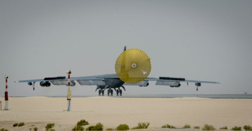 A B-52 Stratofortress from the 23rd Expeditionary Bomb Squadron lands at an undisclosed location in Southwest Asia after a mission in support of Operation Inherent Resolve, June 16, 2017. The landing marked the first successful landing for the 23rd EBS on their 100th anniversary. The mission also garnered a milestone for the squadron with 400 successful combat sorties with zero maintenance issues.  (U.S. Air Force photo by Staff Sgt. Michael Battles)