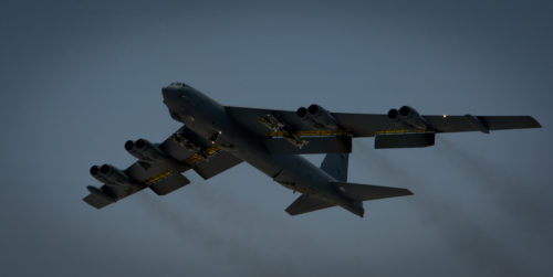 A B-52 Stratofortress from the 23rd Expeditionary Bomb Squadron flies a mission in support of Operation Inherent Resolve, June 16, 2017. The takeoff marked the first successful takeoff for the 23rd EBS on their 100th anniversary. (U.S. Air Force photo by Staff Sgt. Michael Battles)