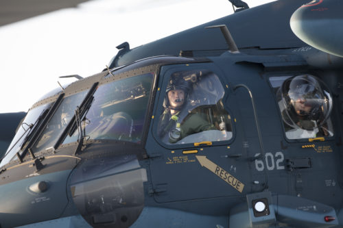 Japan Air Self-Defense Force crew members from the Komatsu Air Rescue Squadron perform visual conformation above the Sea of Japan, June 19, 2017, during helicopter air-to-air refueling training. This is the first time that members of the 353rd SOG held HAAR training at night with JASDF members in Honshu Island in Japan. Exercise Teak Jet is a joint combined exchange training (JCET) focused on improving interoperability between U.S. Air Force and Japan Air Self-Defense Force. (U.S. Air Force photo by Yasuo Osakabe)