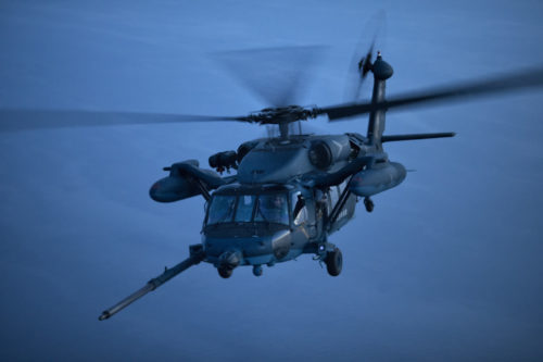 Japan Air Self-Defense Force members from the Komatsu Air Rescue Squadron conducted a helicopter air-to-air refueling with using a night vision goggle (NVG) above the Sea of Japan, June 19, 2017, during Exercise Teck Jet. This is the first time that members of the 353rd SOG held HAAR training at night with JASDF members in Honshu Island in Japan. Exercise Teak Jet is a joint combined exchange training (JCET) focused on improving interoperability between U.S. Air Force and Japan Air Self-Defense Force. (U.S. Air Force photo by Yasuo Osakabe)