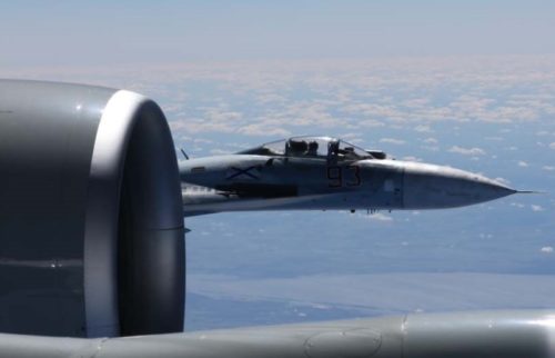 A U.S. RC-135U flying in international airspace over the Baltic Sea was intercepted by a Russian SU-27 Flanker June 19, 2017. Due to the high rate of closure speed and poor control of the aircraft during the intercept, this interaction was determined to be unsafe. (Courtesy photo/Released)