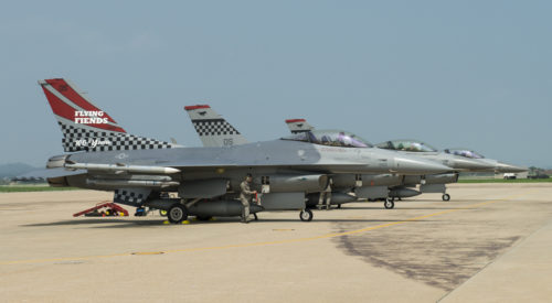 The 36th Fighter Squadron Flying Fiends centennial F-16 Fighting Falcon parks with two other F-16s at Osan Air Base, Republic of Korea, July 19, 2017. U.S. Air Force Col. Andrew P. Hansen, 51st Fighter Wing commander, flew the freshly painted jet for the first time during his final flight at Osan. (U.S. Air Force photo by Staff Sgt. Alex Fox Echols III)