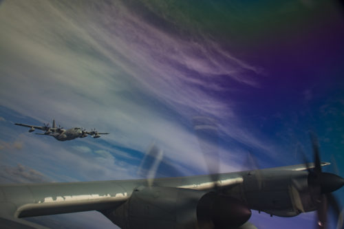 U.S. Marine Corps KC-130J Hercules aircraft with Marine Aerial Refueler Transport Squadron (VMGR) 152, conducts division tactical navigation training as part of unit-level training Evergreen at Naval Air Station Whidbey Island, Washington, Aug. 14, 2017. Division tactical navigation training allows the squadrons’ aircraft to perform gear drops in close proximity to a single location enhancing operational efficiency. Evergreen will serve as VMGR-152’s 2017 Marine Corps Combat Readiness Evaluation through tri-lateral training with the U.S. Army 160th Special Operations Aviation Regiment and U.S. Army 1st Special Forces Group to gain valuable insight on the most recent Operation Inherent Resolve assault support tactics. (U.S. Marine Corps photo by Cpl. Joseph Abrego)
