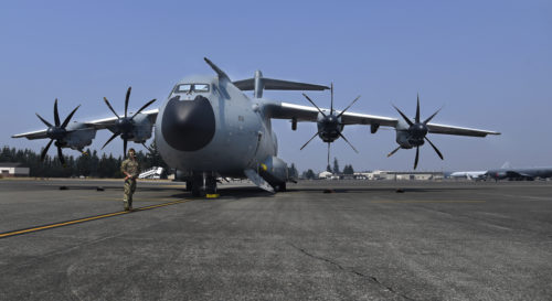 A Royal Air Force airman prepares an A400M Atlas for takeoff Aug. 3, 2017 at Joint Base Lewis-McChord, Wash. The A400 has been in service with the RAF since 2014. More than 3,000 Airmen, Soldiers, Sailors, Marines and international partners converged on the state of Washington in support of Mobility Guardian. The exercise is intended to test the abilities of the Mobility Air Forces to execute rapid global mobility missions in dynamic, contested environments. Mobility Guardian is Air Mobility Command's premier exercise, providing an opportunity for the Mobility Air Forces to train with joint and international partners in airlift, air refueling, aeromedical evacuation and mobility support. (U.S. Air Force photo by Airman 1st Class Erin McClellan)