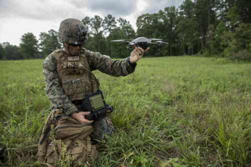 U.S. Marine Corps Lance Cpl. Ryan Skinner, assistant patrol leader, with Company Bravo, 1st Battalion, 6th Marine Regiment prepares to fly the Mark-2 Instant Eye during the Infantry Platoon Battle Course as part of a Deployment for Training (DFT) on Fort Pickett, VA., August 15, 2017. The Instant Eye is a small unmanned aerial system used to be deployed at the squad level for quick and local surveillance and reconnaissance. (U.S. Marine Corps photo by Lance Cpl. Michaela R. Gregory)