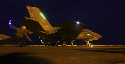 170907-N-CT127-0021 ATLANTIC OCEAN (Sept. 7, 2017) An F-35C Lightning II assigned to the "Grim Reapers" of Strike Fighter Squadron (VFA 101) prepares to launch from the flight deck of the Nimitz-class aircraft carrier USS Abraham Lincoln (CVN 72). Abraham Lincoln is underway conducting training after its successful completion of carrier incremental availability. (U.S. Navy photo by Mass Communication Specialist 1st Class Josue Escobosa/Released)