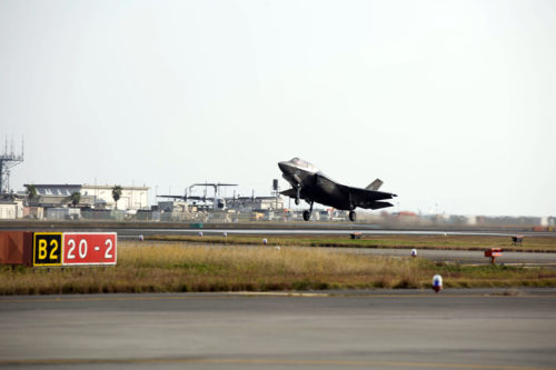 A U.S. Marine Corps F-35B Lightning II aircraft with Marine Fighter Attack Squadron (VMFA) 121 arrives at Marine Corps Air Station (MCAS) Iwakuni, Japan, Nov. 9, 2017. The remaining aircraft represent the last installment of F-35B Lightning IIs assigned to VMFA-121. The F-35B Lightning II is a fifth-generation fighter, which is the world’s first operational supersonic short takeoff and vertical landing aircraft. The F-35B brings strategic agility, operational flexibility and tactical supremacy to III MEF with a mission radius greater than that of the F/A-18 Hornet and AV-8B Harrier II in support of the U.S. – Japan alliance.  (U.S. Marine Corps photo/video by Sgt. N.W. Huertas)
