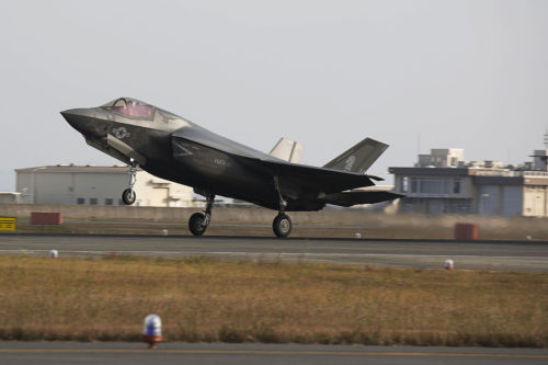 A U.S. Marine Corps F-35B Lightning II aircraft with Marine Fighter Attack Squadron (VMFA) 121 arrives at Marine Corps Air Station (MCAS) Iwakuni, Japan, Nov. 9, 2017. The remaining aircraft represent the last installment of F-35B Lightning IIs assigned to VMFA-121. The F-35B Lightning II is a fifth-generation fighter, which is the world’s first operational supersonic short takeoff and vertical landing aircraft. The F-35B brings strategic agility, operational flexibility and tactical supremacy to III MEF with a mission radius greater than that of the F/A-18 Hornet and AV-8B Harrier II in support of the U.S. – Japan alliance.  (U.S. Marine Corps photo/video by Sgt. N.W. Huertas)