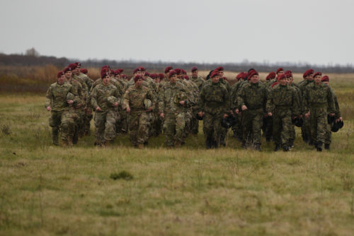 KOVIN, Serbia -- Paratroopers from 173rd Airborne Brigade march together with Serbian Paratroopers after conducting an Airborne jump  during Exercise Double Eagle 17. Exercise Double Eagle is a multi-national company-level airborne insertion exercise intending to enhance the relationship between the U.S. and Serbia, and strengthen regional security.