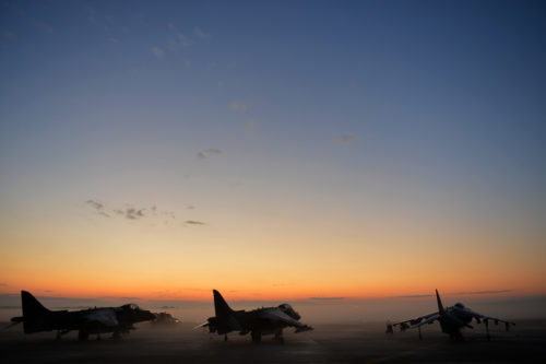 U.S. Marine AV-8B Harriers with the Marine Attack Squadron 231 assigned to Marine Corps Air Station Cherry Point, N.C., are parked on the flightline during basic fighter maneuver training at Shaw Air Force Base, South Carolina, Dec. 1, 2017. Marine pilots received an opportunity to “battle” Air Force aircraft to include the F-16CM Fighting Falcon, F-22 Raptor and T-38C Talon. (U.S. Air Force photo by Senior Airman Christopher Maldonado)