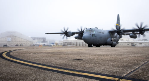 A C-130H taxis past the McKinley Climatic Lab after arriving at Eglin Air Force Base, Fla., Jan. 11. Air Force’s first fully upgraded C-130H is here for test and evaluation on its new modified propeller system and engines. (U.S. Air Force photo/Samuel King Jr.)