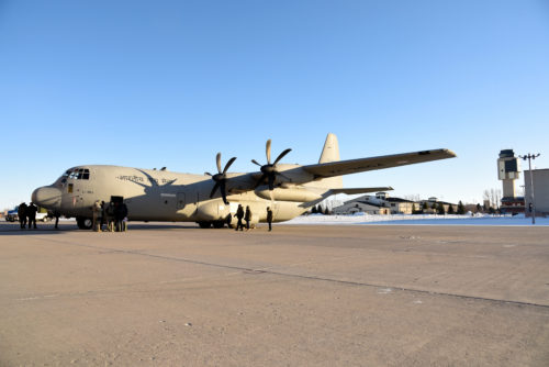 An Indian Air Force C-130 Hercules sits on the flight line Jan. 13, 2018, at Grand Forks Air Force Base, N.D. before heading to McChord AFB, Wash. for exercise Vajra Prahar. (U.S. Air Force photo by Airman 1st Class Elora J. Martinez)