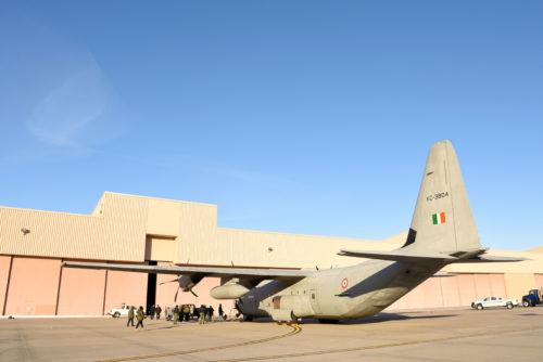 An Indian Air Force C-130 Hercules sits on the flight line Jan. 13, 2018 at Grand Forks Air Force Base, N.D., before heading to McChord AFB, Wash. for exercise Vajra Prahar. (U.S. Air Force photo by Airman 1st Class Elora J. Martinez)