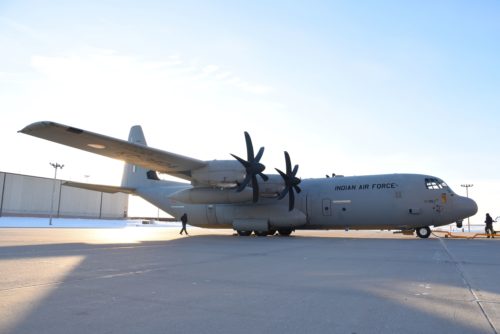 An Indian Air Force C-130 Hercules is refueled and given routine maintenance Jan. 13, 2018, after landing at Grand Forks Air Force Base, N.D. before heading to McChord AFB, Wash. for exercise Vajra Prahar. (U.S. Air Force photo by Airman 1st Class Elora J. Martinez)
