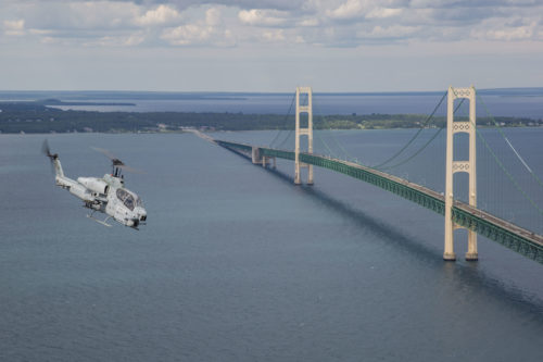 A U.S. Marine Corps AH-1W Cobra from Marine Light Attack Helicopter Squadron 269 flies over Mackinaw City, Mich. during Northern Strike on Aug. 5, 2017. Northern Strike  is a joint exercise hosted by the Michigan Air National Guard that emphasizes on close air support and joint fire support to enhance combat readiness. (U.S. Marine Corps photo by Lance Cpl. Cody J. Ohira)