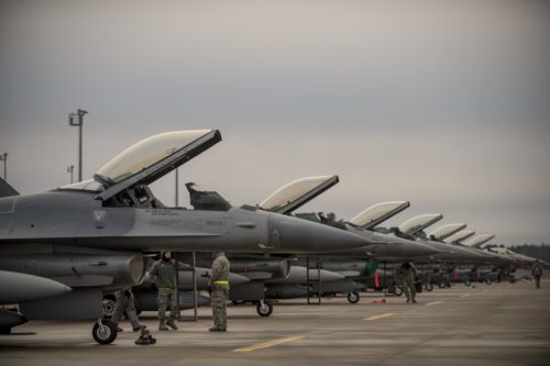 F-16s from the 180th Fighter Wing, Ohio Air National Guard, park on the ramp at Amari Air Base, Estonia, after arriving January 14th, 2018. The twelve F-16s are part of a theater security package that highlights the U.S.’s ability to deploy fighter aircraft in support of our partners and allies in the European theater, and around the world. (DoD photo by MC3 Cody Hendrix)