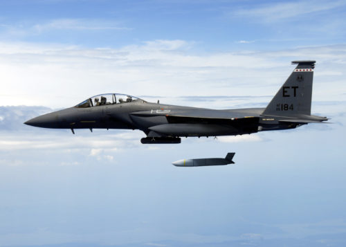A U.S. Air Force F-15E Strike Eagle flies with a Joint Air-to-Surface Standoff Missile (JASSM). JASSM-Extended Range has more than two-and-a-half times the range of JASSM for greater standoff distance. Photo credit: U.S. Air Force. (PRNewsfoto/Lockheed Martin)