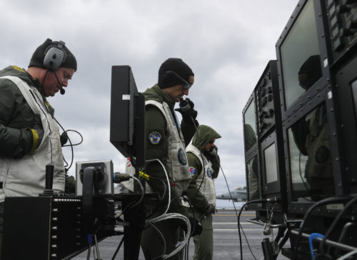 180322-N-CT127-0097 ATLANTIC OCEAN (March 22, 2018) Landing signal officers work with the aircraft terminal approach remote inceptor in preparation for incoming aircraft to land on the flight deck of the Nimitz-class aircraft carrier USS Abraham Lincoln (CVN 72). (U.S. Navy photo by Mass Communication Specialist 1st Class Josue Escobosa/Released)