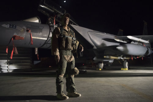 Lt. Col. Trinidad “Moses” Meza, 336th EFS deputy operations group commander and weapons system officer, poses for a photo after landing in an F-15E Strike Eagle March 21, 2018, at an undisclosed location in Southwest Asia. The F-15E Strike Eagle is a dual-role fighter designed to perform air-to-air and air-to-ground missions. Meza, in the capacity of WSO, is able to display information from the radar, electronic warfare or infrared sensors; monitor aircraft or weapons status and possible threats; select targets; and use an electronic "moving map" to navigate. (U.S. Air Force photo by Senior Airman Krystal Wright)
