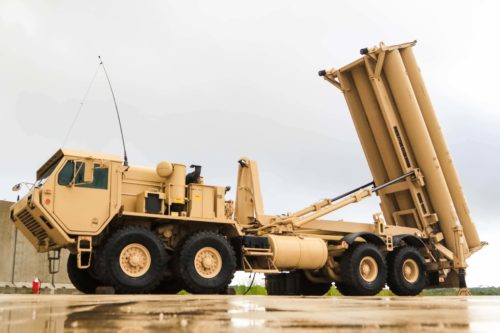 A Terminal High Altitude Area Defense, or (THAAD) weapon system assigned to Task Force Talon, 94th Army Air and Missile Defense Command. Task Force Talon is responsible for the U.S. Army’s first forward deployed Terminal High Altitude Area Defense unit on Andersen Air Force Base, Guam, Oct. 26, 2017. (Photo by Army Capt. Adan Cazarez)