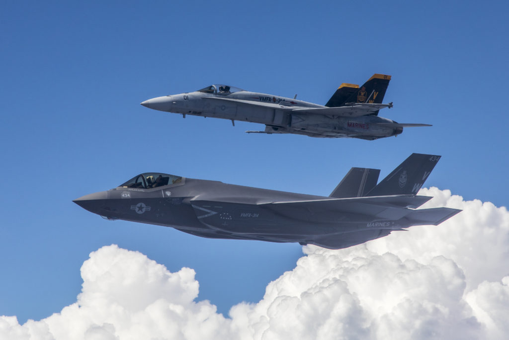 VMFA-314 F/A-18A++ “passing the lead” to F-35C formation flight – Alert 5