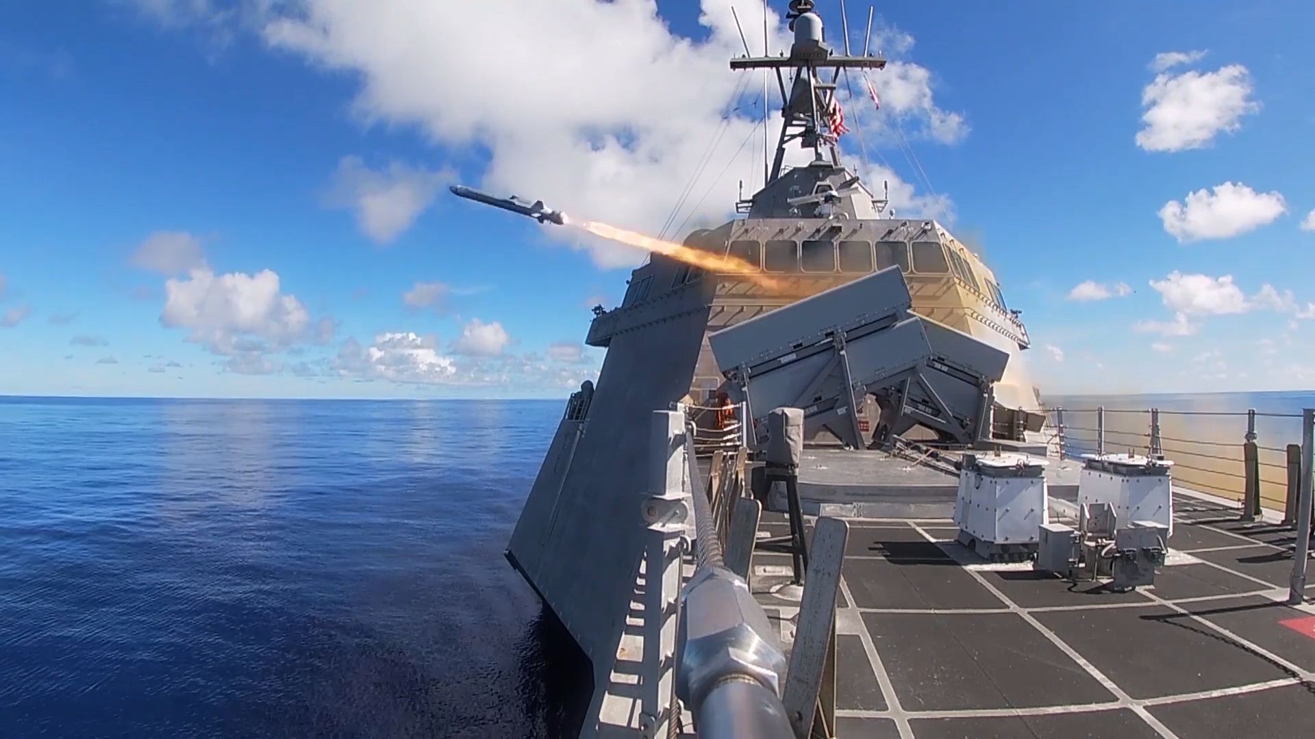 USS Gabrielle Giffords fires NSM off Guam during joint exercise with Singapore